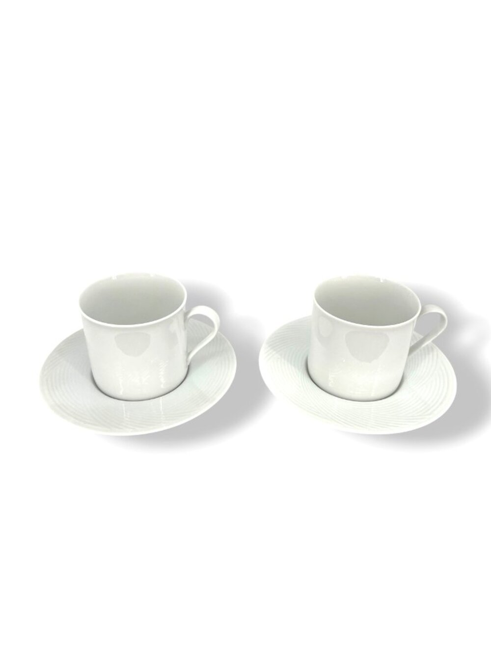 Dansk Tapestries Winter White Coffee Tea Cups Saucers Porcelain Set of Two